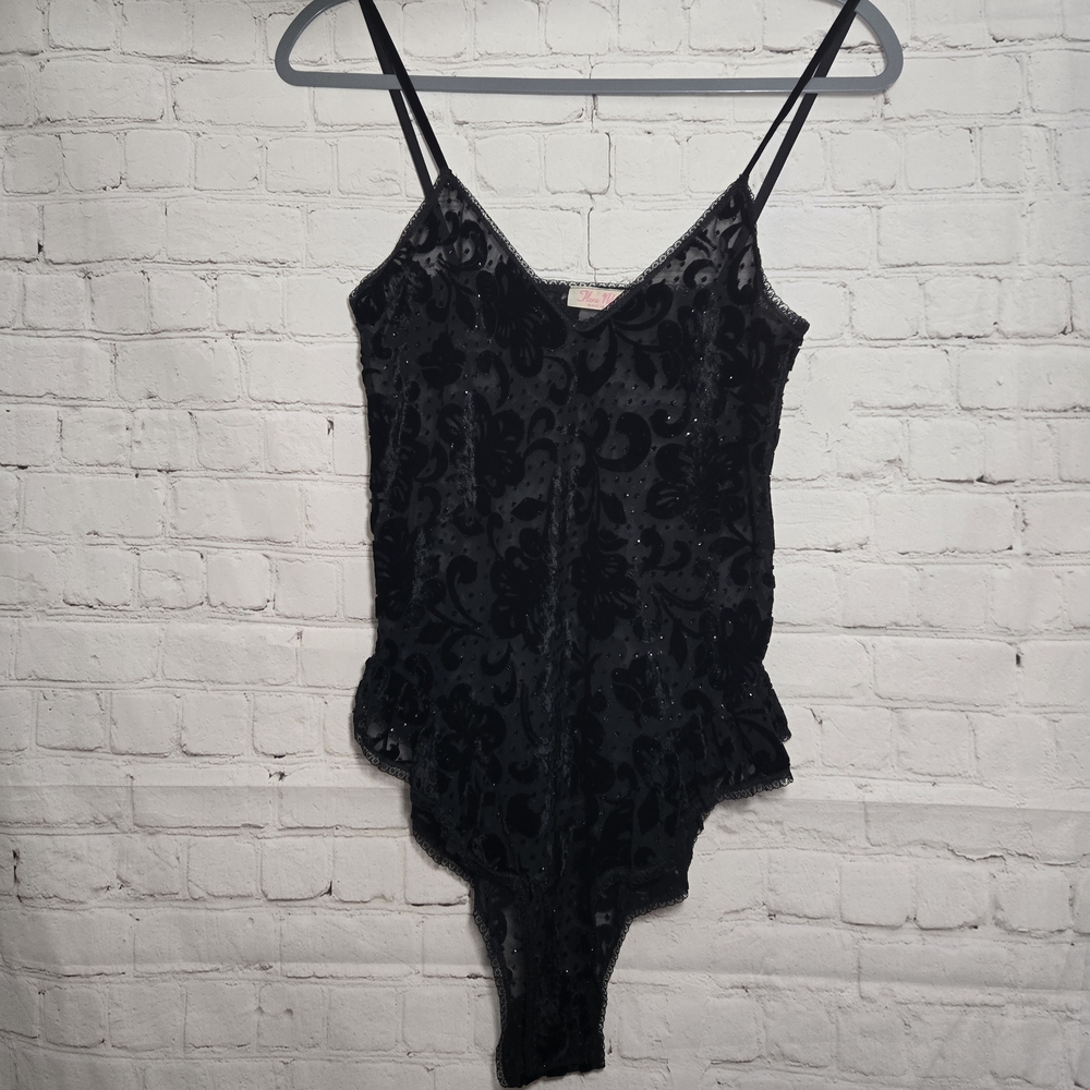 Vtg Flora Nikrooz Teddy Bodysuit Velvet Burnout Sz‎ S Hip Ruffles Whimsygoth